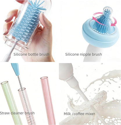 Portable Electric Silicone Bottle Brush Set, 7-in-1 UV Light USB Charging, Nipple/Straw Cleaner, Milk Mixer, Built-in Drying Rack & Storage Case, BPA-Free, IPX7, On-the-Go for New Parents (Mint)
