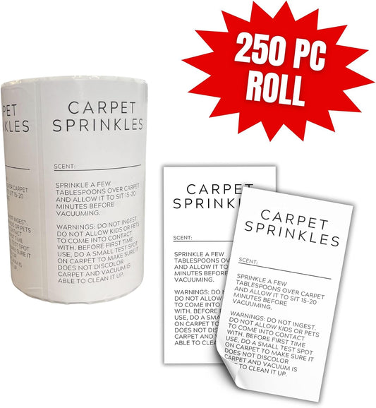 Carpet Sprinkle Freshener Instruction Stickers | 250 pc per Roll 2x3.5” Minimalist Warning Labels for Jar Package How to Use Cleaning Scent Write in
