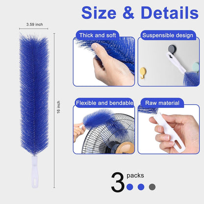 3 Pcs Fan Cleaning Brush Bendable Cobweb Duster - Microfiber Head, Washable - Ideal for Ceiling Fan Blades, Air Vents, Curtains, Cars - Reusable Dust Remover