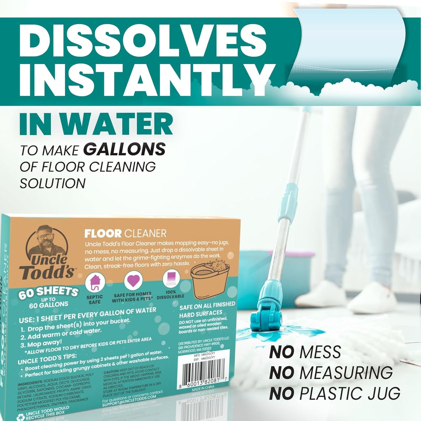 Uncle Todd's Ultra Concentrated Floor Cleaner For Mopping: 30 Natural, 100% Dissolvable Sheets for Mopping – Hardwood & Wood Floor Cleaner with Filth-Fighting Enzymes, Plastic-Free Packaging