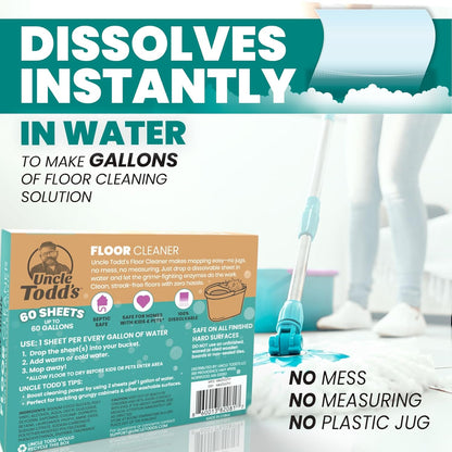 Uncle Todd's Ultra Concentrated Floor Cleaner For Mopping: 30 Natural, 100% Dissolvable Sheets for Mopping – Hardwood & Wood Floor Cleaner with Filth-Fighting Enzymes, Plastic-Free Packaging
