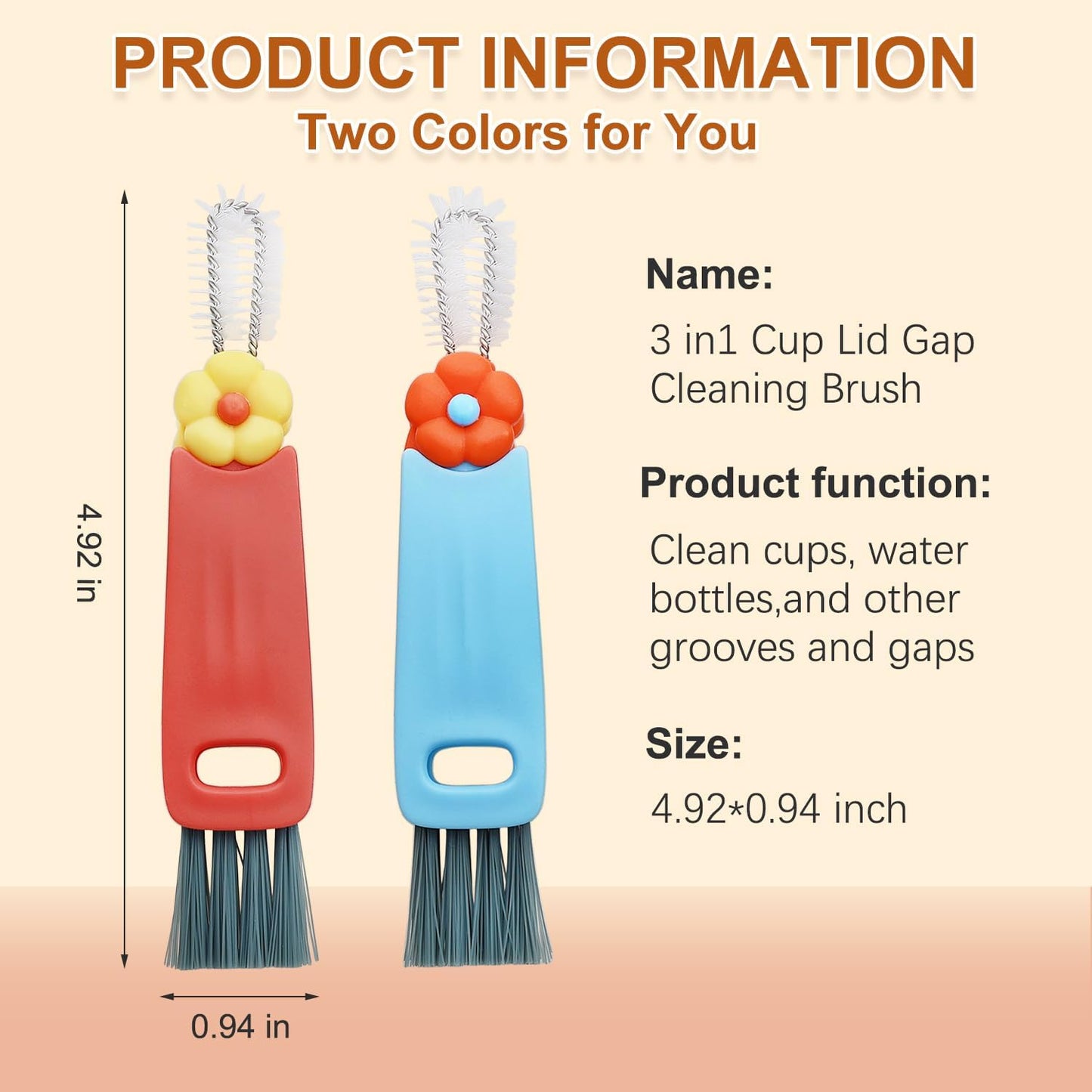 3 in 1 Multifunctional Cup Lid Gap Cleaning Brush Set, Portable Bottle Cleaning Brush, Home Kitchen Crevice Cleaning Tools for Bottles, Cups, and Tight Spaces, 2PCS (Red and Blue)