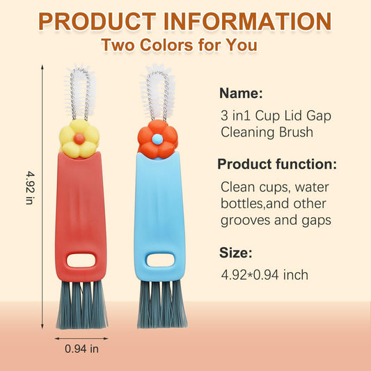 3 in 1 Multifunctional Cup Lid Gap Cleaning Brush Set, Portable Bottle Cleaning Brush, Home Kitchen Crevice Cleaning Tools for Bottles, Cups, and Tight Spaces, 2PCS (Red and Blue)