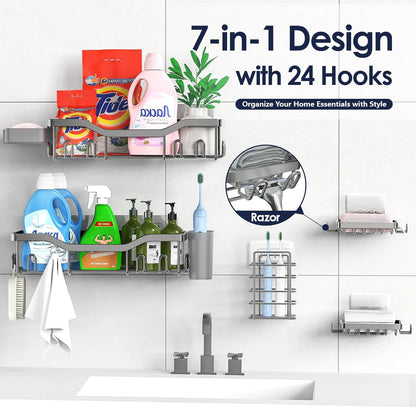 NESOMI Shower Caddy Adhesive Shower Organizer 7-Pack, Rustproof Stainless Steel Bathroom Shelves, Large Capacity No-Drill Rack Storage Accessories with Soap Dish Toothbrush Holder &24 Hooks Home Decor