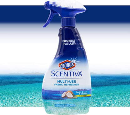 Clorox Scentiva Fabric Refresher Spray, Pacific Breeze and Coconut Scent for Household Fabrics, Odor Refresher for Upholstery, Curtains, Bedding, and Carpets, Non-Bleach, 16.9 Fl Oz