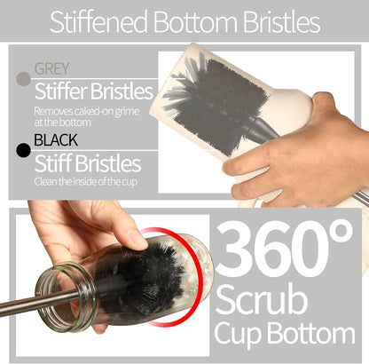 Bottle Brush Set 4 Pack - 15 Inch Long Handle Bottle Brush Cleaner with Stainless Steel Shaft, Straw Cleaner Brush and Lid Brush for Bottles, Thermos, Glasswares, Mugs, Cups, Tumblers