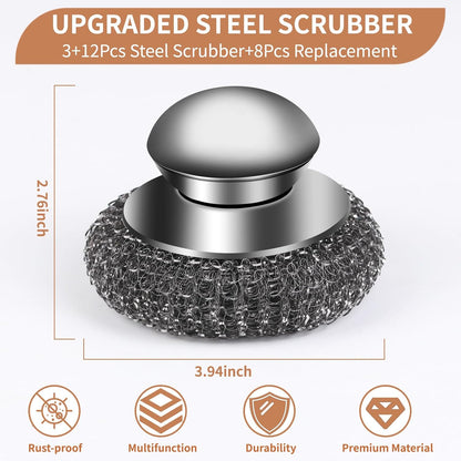 5Pcs Steel Wool Scrubber with Replacement Wire Sponge Pads Set, Stainless Steel Scrubber with Handle for Scouring Stubborn Messes from Cast Iron, Pots, Pans, Grill, Stoves, Sink(1 Scrubber+4 Pads)