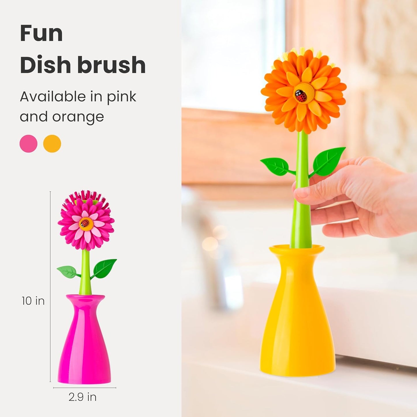 Vigar Flower Power Dish Brush with Handle and Vase Dish Brush Holder, Kitchen Scrub Brush for Pot Scrubber, Dishes, and Sink Cleaning, Pink, Green