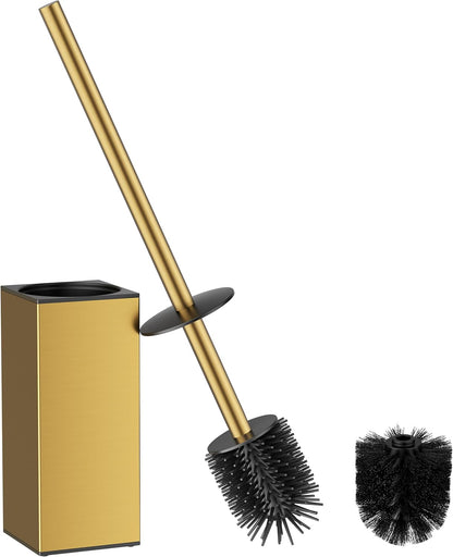 FORIOUS Toilet Brush and Holder Set, Heavy Duty 304 Stainless Steel Base Square and Long Handle for Bathroom Deep Cleaning, Drip-Proof, Space Saving for Storage, 2 Toilet Bowl Brush Head, Black