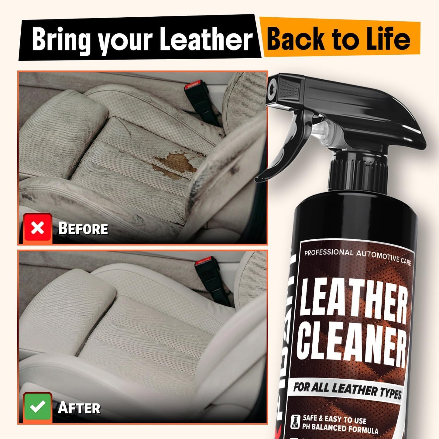 Leather Couch Cleaner - pH Neutral, Non-Toxic & Non-Greasy - Gently Removes Stains & Restores Natural Look - Safe for Car Leather Seats, Interior & Upholstery, Furniture & Sofa - 18 fl. Oz with towel