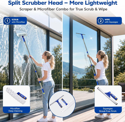 ITTAR Window Squeegee Cleaning Kit with 60 Inch Extension Pole | 12" Glass Cleaner Tool rubber Blade & 2 Microfiber Pads | Window Washing Equipment for High Windows, Shower Glass Doors, Car Windshield