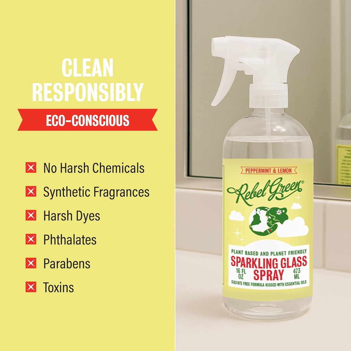 Rebel Green Sparkling Glass Spray - Streak-Free Natural Glass Cleaner for Windows, Mirrors, and Surfaces - Lavender & Grapefruit Scent - 16 oz - 2 Pack