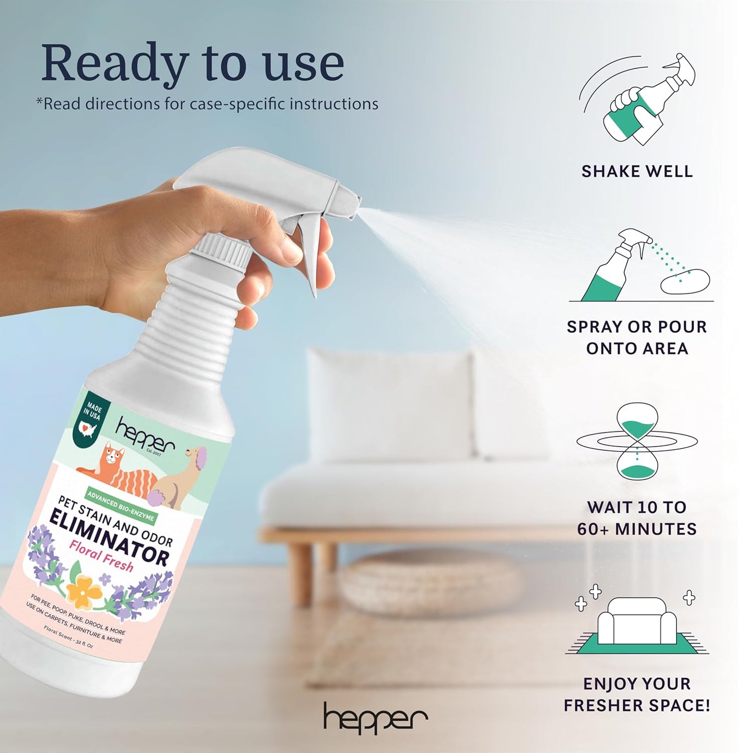 Hepper Advanced Bio-Enzyme Pet Stain & Odor Eliminator Spray - Smell, Stain & Urine Remover for Cats, Dogs & Other Animals - 32oz Spray Safe for the Home - Neutral