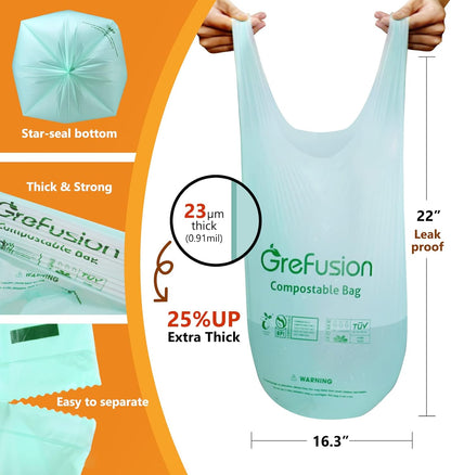GreFusion Compostable Bags 1.2 Gallon,125 Count, Fits 0.75,1,1.2,1.3,1.6,1.8 Gallon Countertop Bin, Small compost bags, Certified by BPI, ASTM D6400 and OK Compost