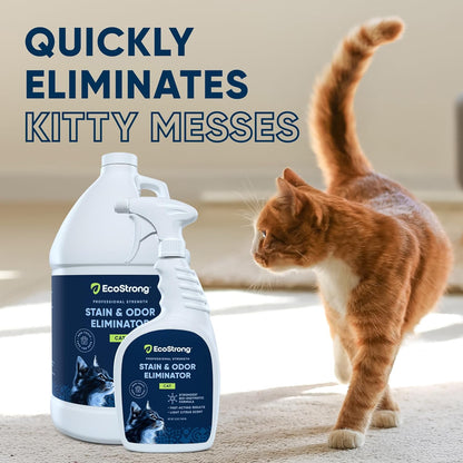 Eco Strong Cat Stain And Odor Remover | Enzyme Urine Odor Neutralizer - Stain Remover for Carpet, Litter Boxes, Bedding, and Laundry [Citrus Scent, 32 oz. Spray]