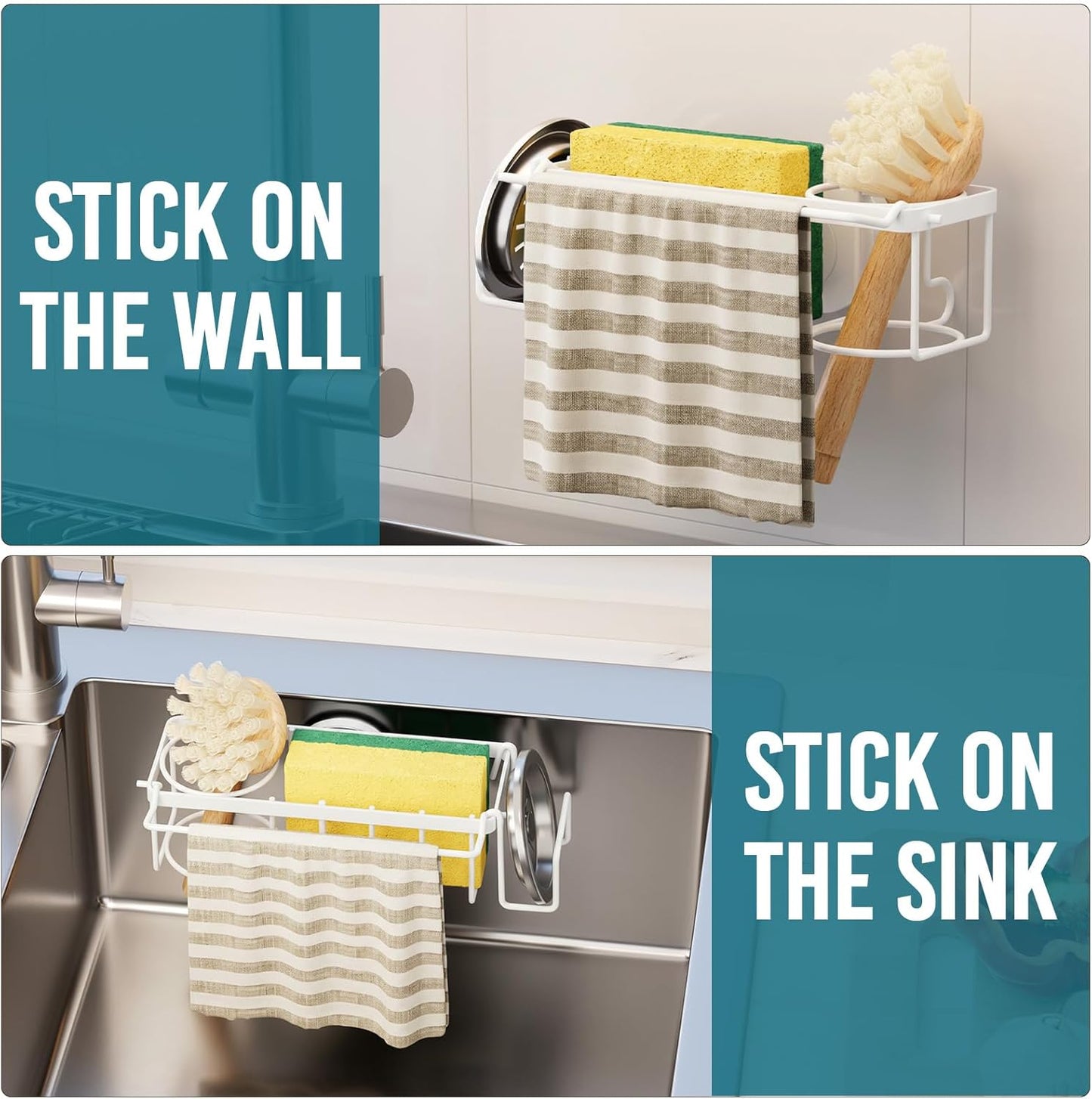 TAILI Sponge Holder for Kitchen Sink with Strong Suction Cup, Rustproof Aluminum Sink Caddy for Sponges, Removable Sponge Holder, Dish Brush for Scraper - Silver