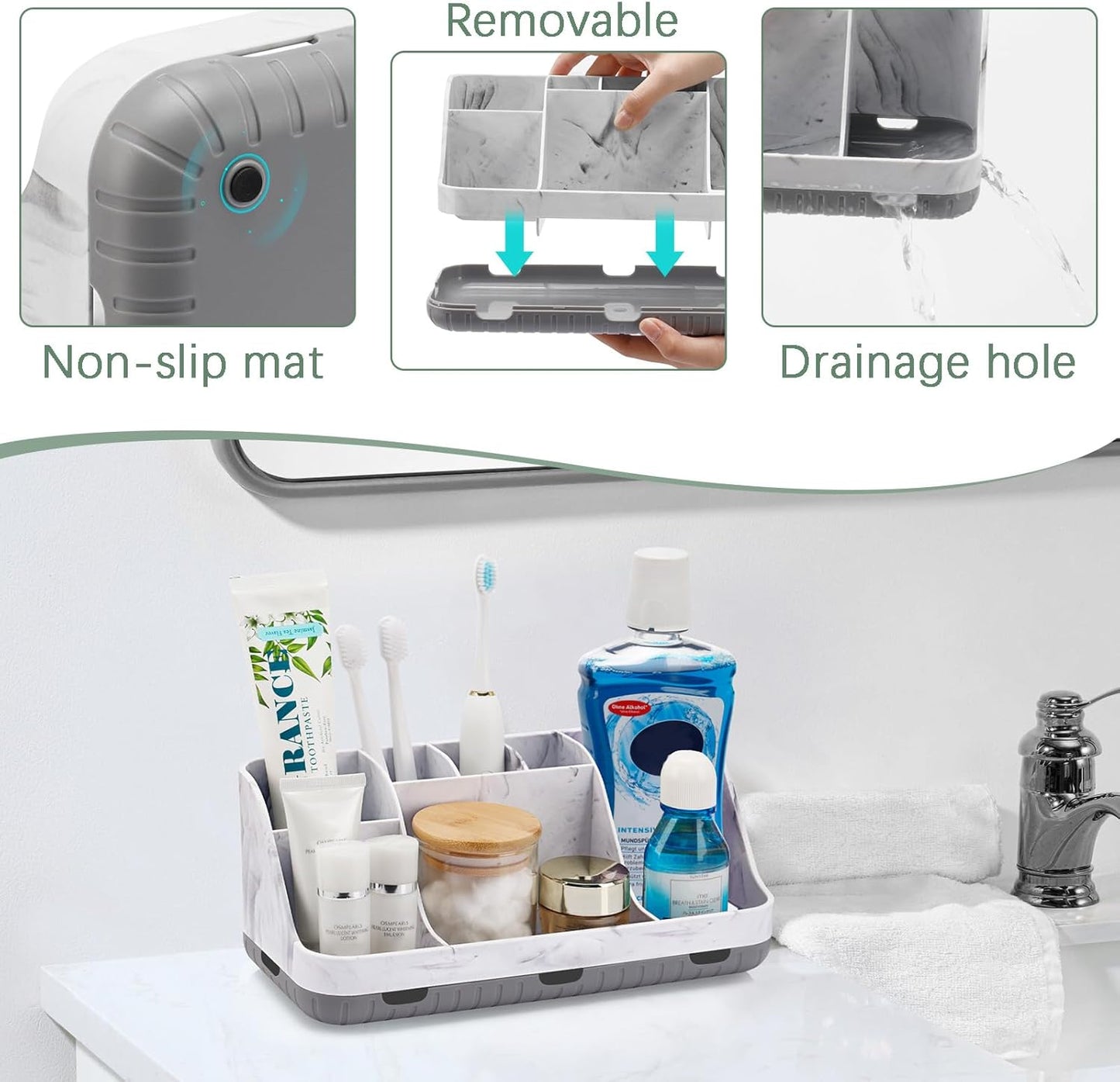 GFWARE Wood Toothbrush Holders for Bathrooms Countertop Organizer - Detachable 7 Slots Kid Bathroom Decor and Accessories, Wooden Bathroom Sink Storage Organization, Caddy, Tray, Brown