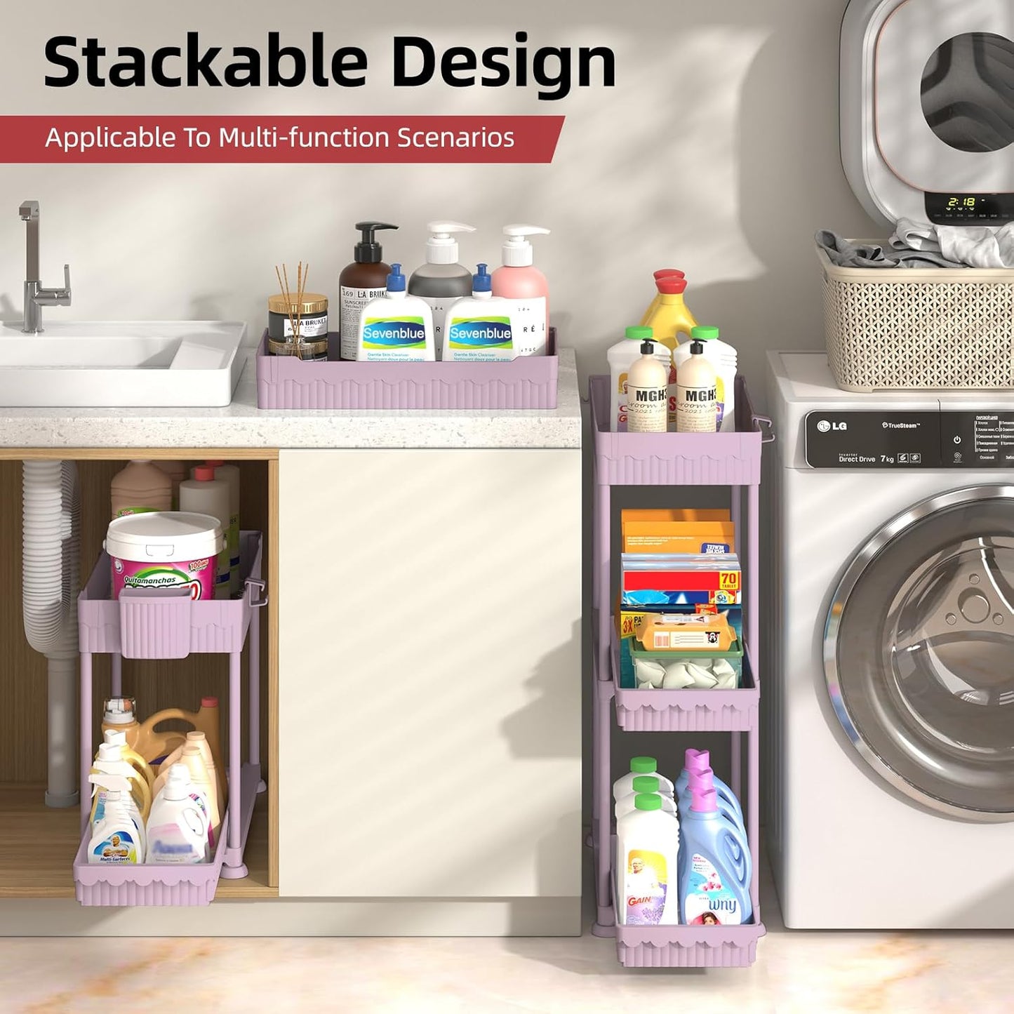 Sevenblue 4 Pack Under Sink Organizer, Bathroom Organizers and Storage, 2 Tier Multi-Use Pull Out Cabinet Organizer with Hang Hooks and Cups (Black, 4 Pack)