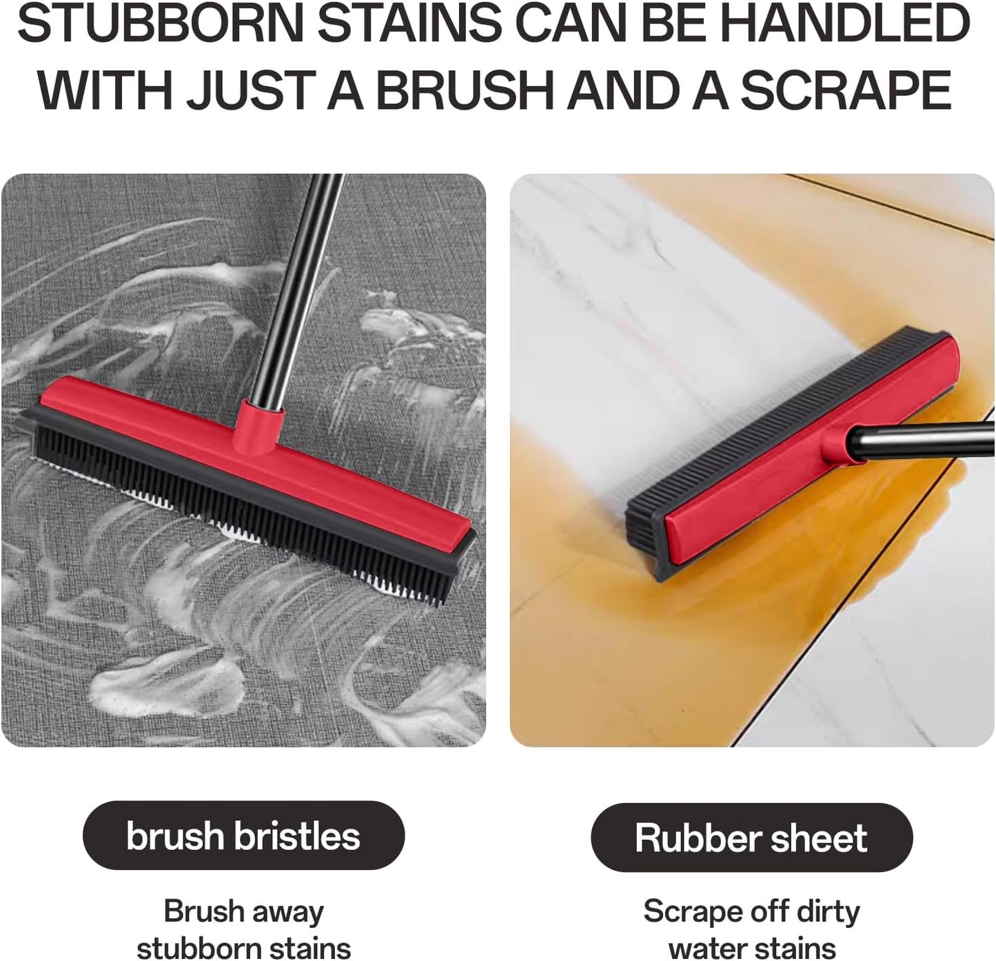 Pet Hair Rubber Broom with Squeegee for Carpet,Fur Remover Broom Carpet Rake for Pet Hair Removal, with 50" Long Handle