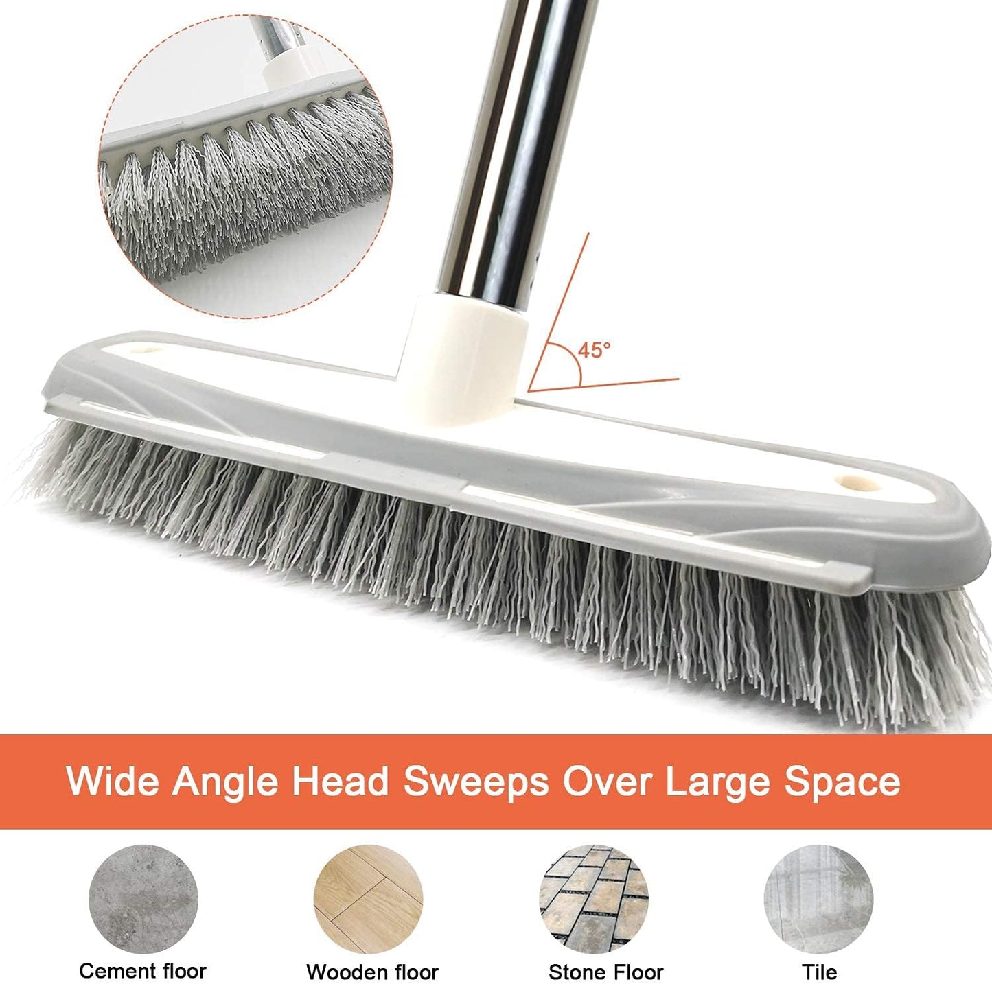 Push Broom,Pet Hair Removal Broom with Squeegee,Soft Silicone Bristle Broom with Long Handle,Non Scratch Carpet Sweeper Brush for Cat Dog Hair Hardwood(Orange) Extra Long for Tall People