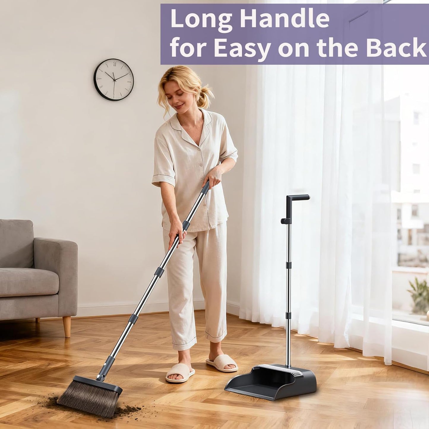 Broom and Dustpan Set, 51.6" Long Handle Broom with Dustpan Combo Set with Dustpan Teeth & Two Broom Heads, Brooms with Dust Pan for Sweeping Indoor Home Kitchen Office Lobby Pet Hair