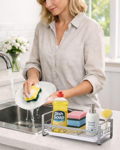 HULISEN Large Sponge Holder, 304 Stainless Steel Kitchen Soap Dispenser Caddy Organizer, Countertop Soap Dish Rack Drainer with Removable Drain Tray, not Including Dispenser and Brush, Silver
