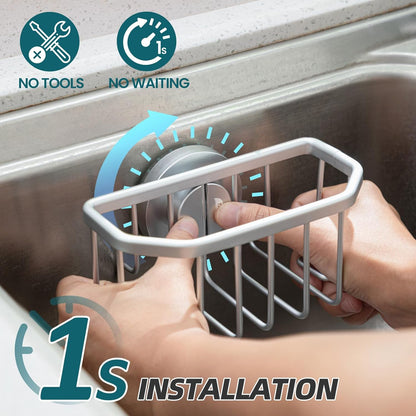 TAILI 4-in-1 Sink Caddy with Strong Suction Cup, Sponge Holder for Kitchen Sink Organizer, Removable, Rustproof, Stainless Steel Holder for Sponge, Brush, Scrubber, Scraper - Silver