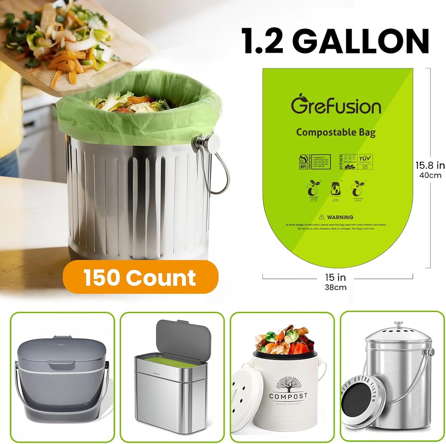 GreFusion Compostable Bags 1.2 Gallon,125 Count, Fits 0.75,1,1.2,1.3,1.6,1.8 Gallon Countertop Bin, Small compost bags, Certified by BPI, ASTM D6400 and OK Compost