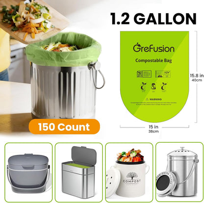 GreFusion Compostable Bags 1.2 Gallon,125 Count, Fits 0.75,1,1.2,1.3,1.6,1.8 Gallon Countertop Bin, Small compost bags, Certified by BPI, ASTM D6400 and OK Compost