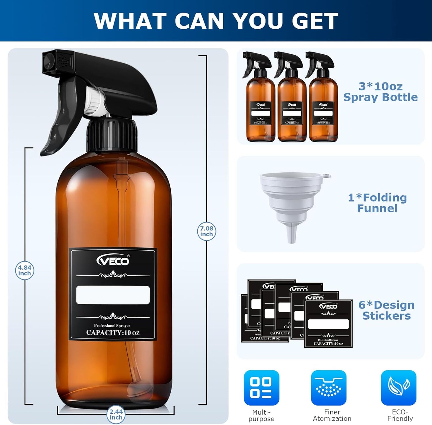 Veco 500mL (17oz) Graduated Spray Bottles, 4-Pack — 360° Any-Angle Spraying for Easy Dilution, Leak-Resistant spray bottles for Cleaning, Plants, Hair & Pet Use + Foldable Funnel