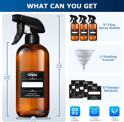 Veco 500mL (17oz) Graduated Spray Bottles, 4-Pack — 360° Any-Angle Spraying for Easy Dilution, Leak-Resistant spray bottles for Cleaning, Plants, Hair & Pet Use + Foldable Funnel