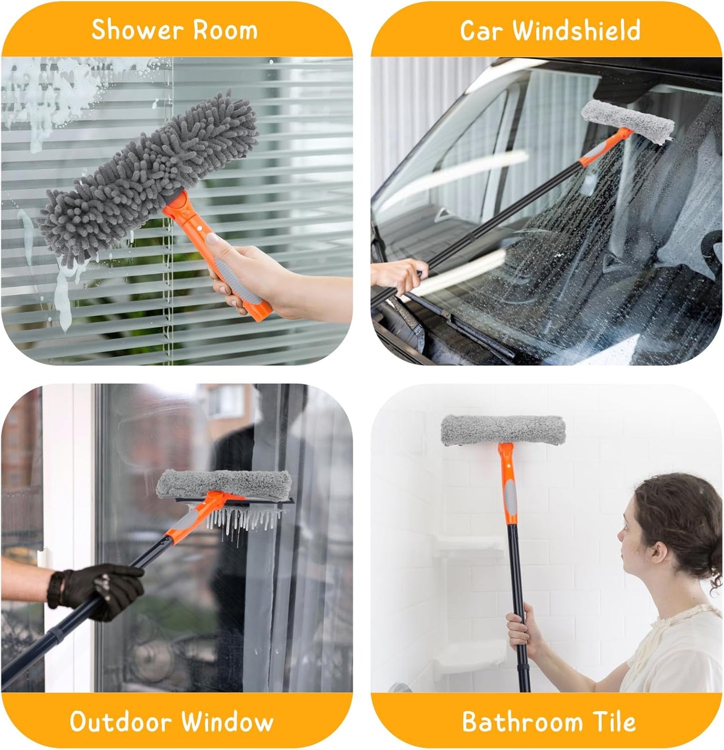 Floor Squeegee for Concrete and Tile Cleaning, 24'' Rubber Wiper Broom, Large Heavy Duty Water Scraper with 60'' Long Handle for Garage, Deck, Bathroom, Shower Glass, Window