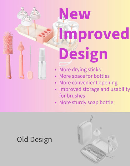 Travel Bottle Cleaner kit, 7in1 Baby Toddler Travel Essential Silicone Bottle Brush Set, Nipple, Drying Rack, Straw, & Breast Pump Cleaning, Soap Dispenser & Organizer Case, Gift Mom