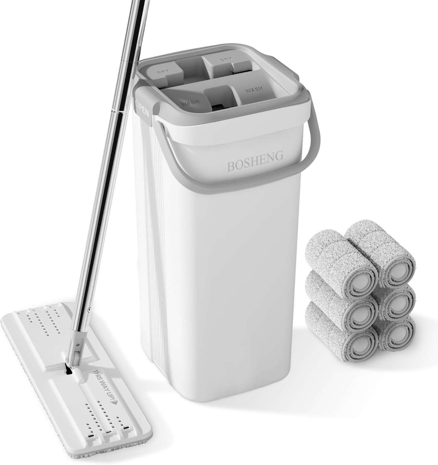 BOSHENG Mop and Bucket with Wringer Set, Flat Floor Mop and Bucket, with 3 Microfiber Mops for Floor Cleaning, Wet and Dry Use for Household Cleaning - White