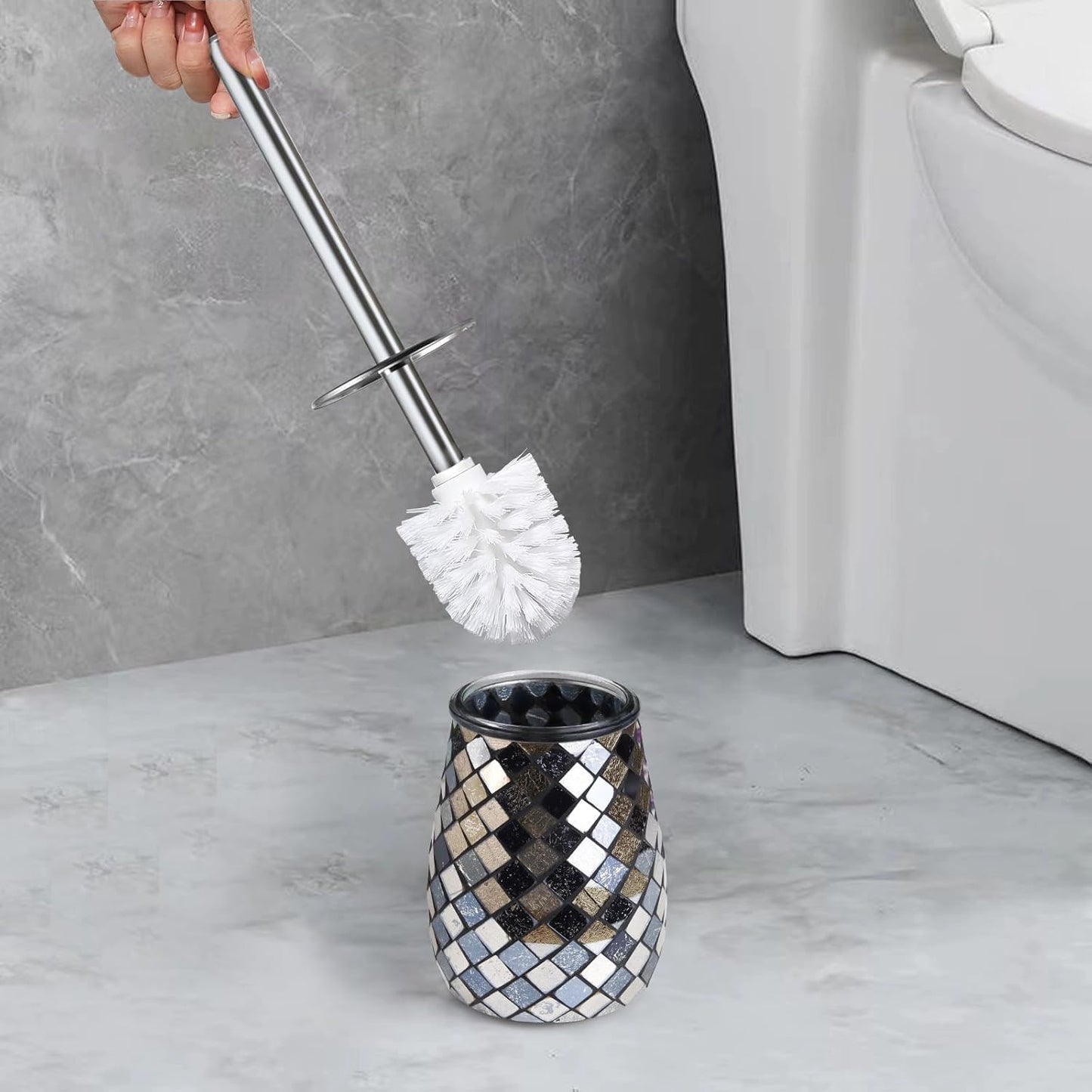 Escenzy Turquoise Green Toilet Brush and Holder Set Mosaic Glass | Non-Rustic Stainless Steel | Practical & Decorative Toilet Bowl Brush and Holder | Luxury Green Bathroom Accessories