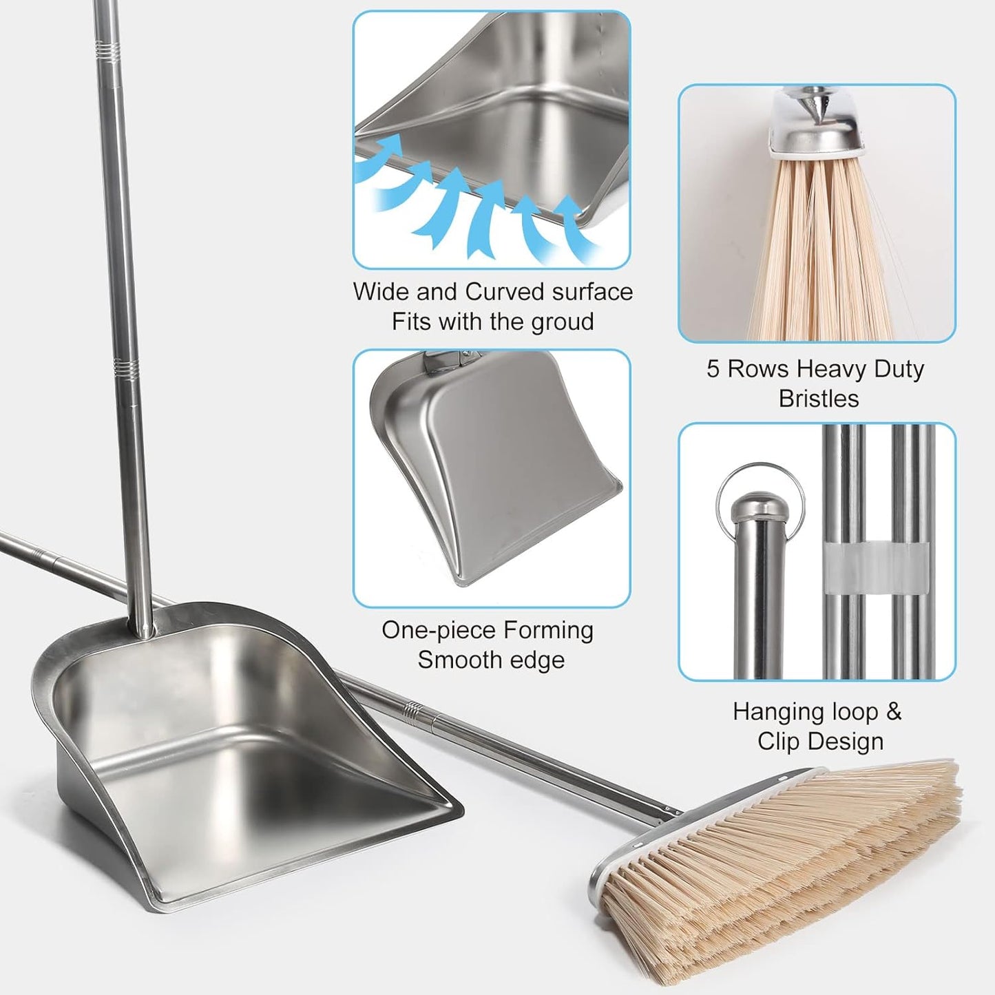 VOOWO Heavy Duty Broom and Dust pan Set, Stainless Steel Broom and Dustpan Set with Long Handle, Broom with Dustpan Set for Home Standing Dust Pan Indoor Outdoor Brooms Dustpan
