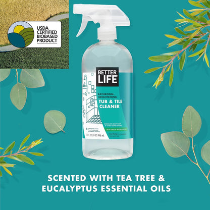 BETTER LIFE Bathroom Cleaner - Tea Tree Bathtub & Shower Cleaner Spray for Glass and Tile - Foaming Mold and Mildew Remover for Tub Works on Hard Water Stains - 32oz (Pack of 2)