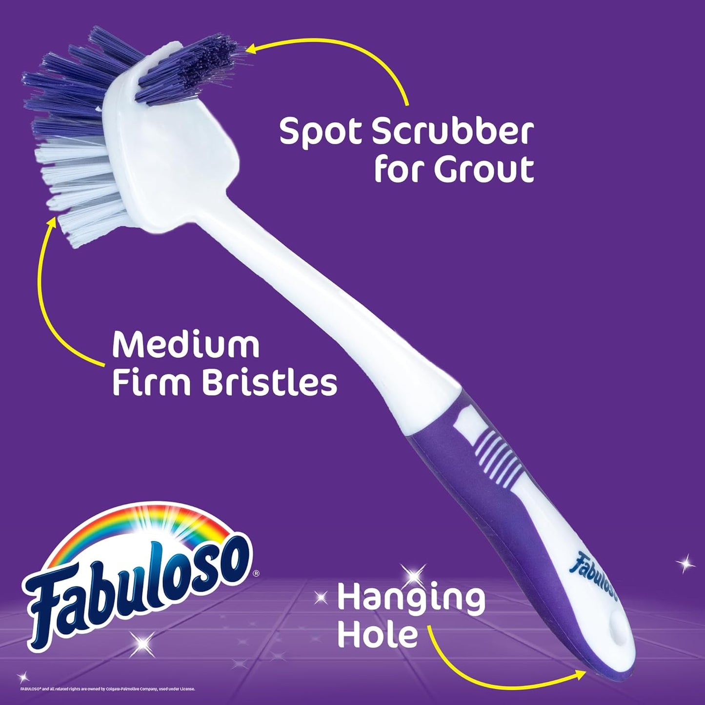 Fabuloso Cleaning Brush with Handle, Compact Handheld Household Scrub Brush for Kitchen, Bathroom, Baseboards, Tile and Floors, Firm Bristles for Indoor Surface Cleaning, White and Purple, 5.5 Inch