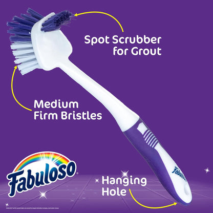Fabuloso Cleaning Brush with Handle, Compact Handheld Household Scrub Brush for Kitchen, Bathroom, Baseboards, Tile and Floors, Firm Bristles for Indoor Surface Cleaning, White and Purple, 5.5 Inch