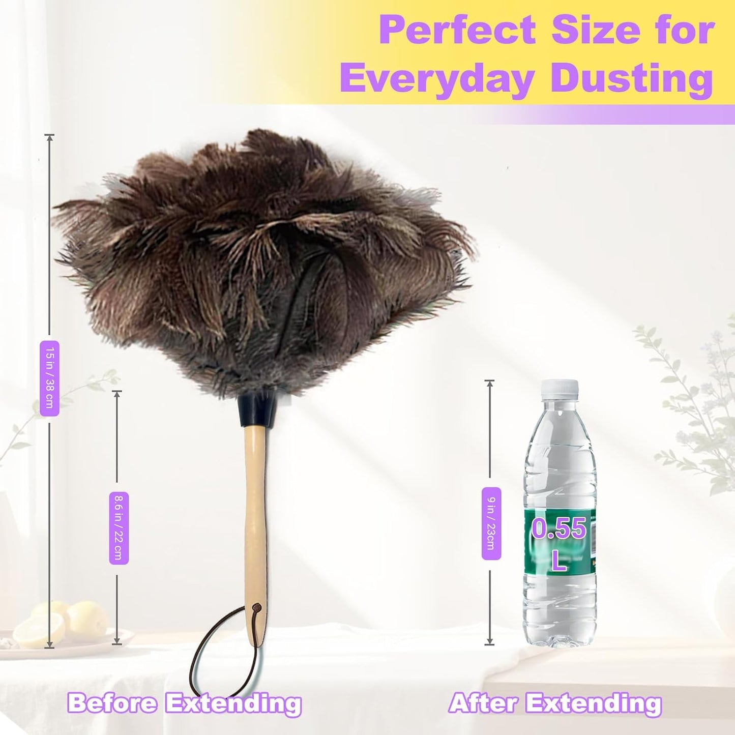 NCEDN Genuine Ostrich Feather Duster 40 Inches - Extendable Stainless Steel Handle, 8 Inches Long Thick Feathers, Telescopic Duster for Ceiling Fans, Blinds, Furniture, Car, Washable