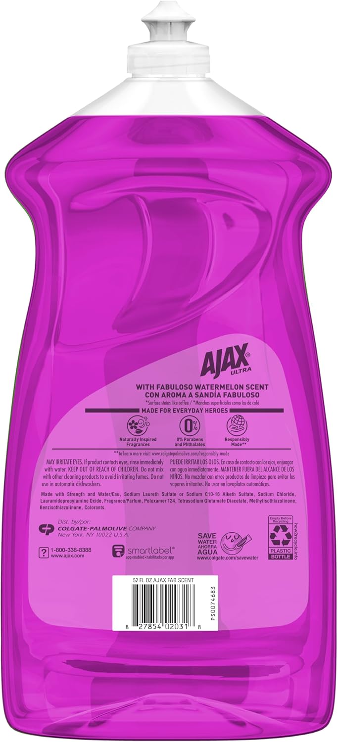 Ajax Ultra Liquid Dish Soap with Fabuloso Watermelon Scent, Fights Grease and Stuck-On Stains, Deep Cleaning Action, Mess-Free, Easy-Flip Cap, 52 fl oz Bottle