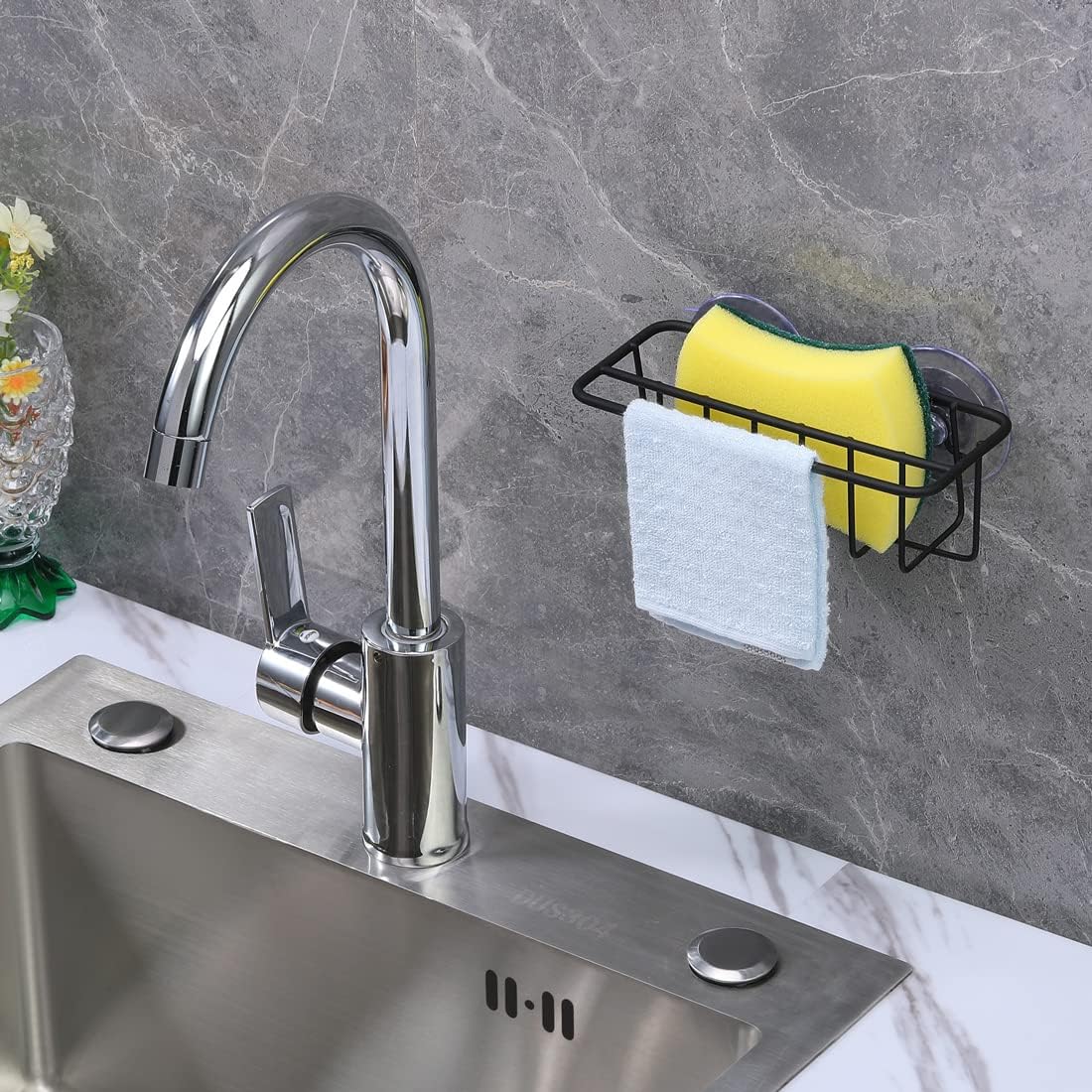 TESOT Sink Caddy Sponge Holder for Kitchen Sink Dish Cloth Hanger 2 Suspension Options(Suction Cups and Adhesive Hook), SUS304 Stainless Steel, Silver