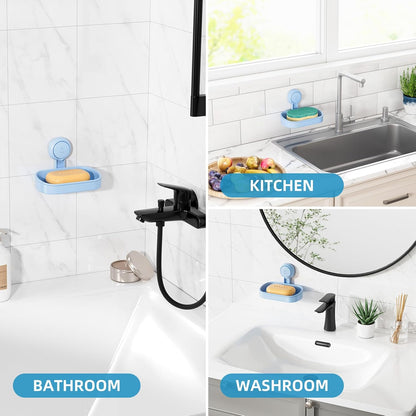LEVERLOC Soap Holder Shower with Hooks, Bar Suction Cup Soap Dish Tray for Wall, Rust-Proof Stainless Steel Sponge Caddy for Bathroom Accessories Organizer Bathtub Kitchen Sink, Black