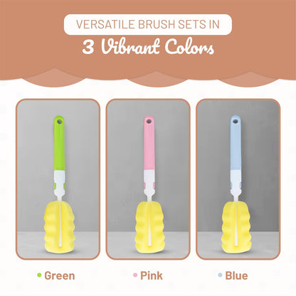 MoomooBaby Triple Baby Bottle Cleaner Brush Set - Includes Baby Bottle Brush Cleaner, Nipple Brush & Straw Cleaning Brush - Eco-Conscious Plastic Handle with Non-Slip Grip, Replaceable Sponges - Green