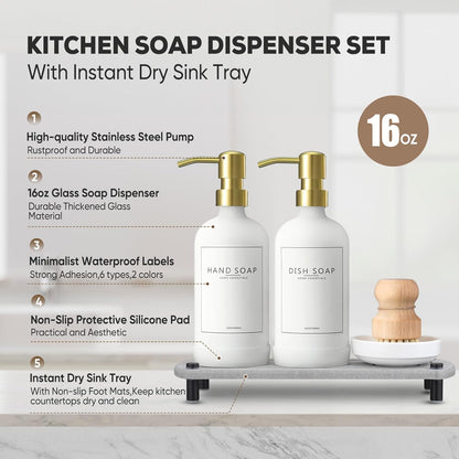 Kitchen Soap Dispenser Set with Instant Dry Tray,16 Oz Hand and Dish Soap Black Glass Dispenser Set,Stainless Steel Pump,Waterproof Labels&Dish Brush,Luxury Soap Bottle for Kitchen,Bathroom