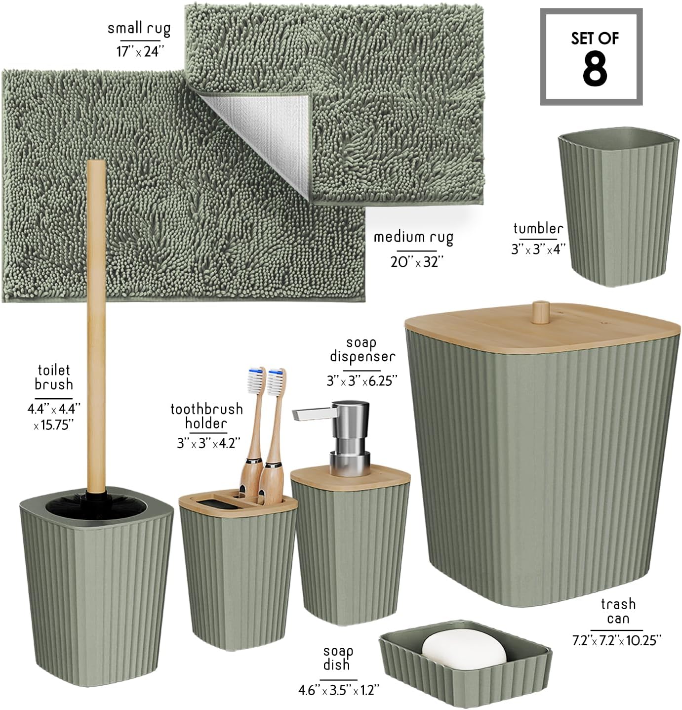 Clara Clark Bathroom Set - Sage Green Bathroom Accessories Set, 6PC Bathroom Accessory Set, Bathroom Sets with Toilet Brush, Trash Can & Soap Dispenser
