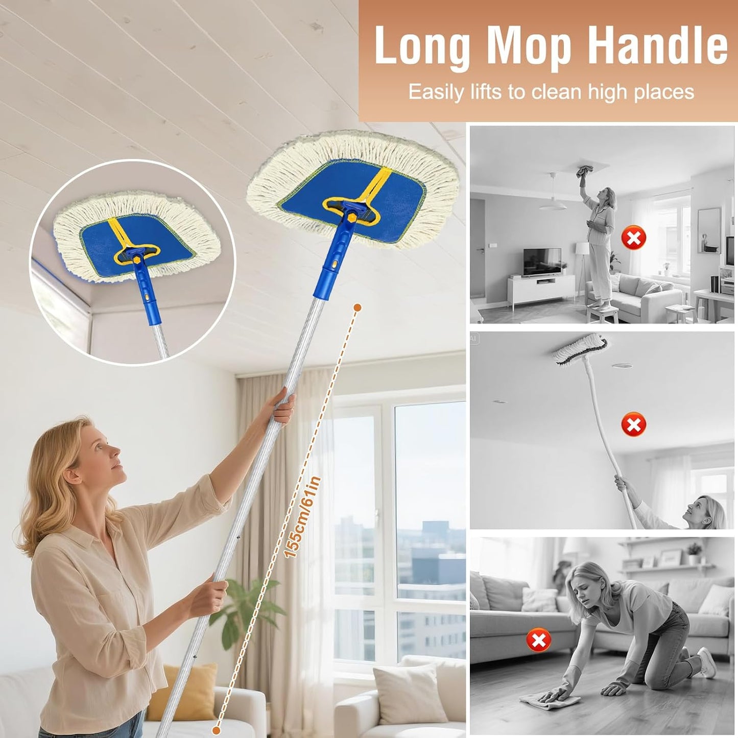 Commercial Dust Mop for Hardwood Floors Cleaning, Heavy Duty Industrial Dry Mop with Wedge Cotton Mop Pads for Walls Cleaner,Tile,Vinyl,Laminate, Floor Duster Broom for Home and Business Use