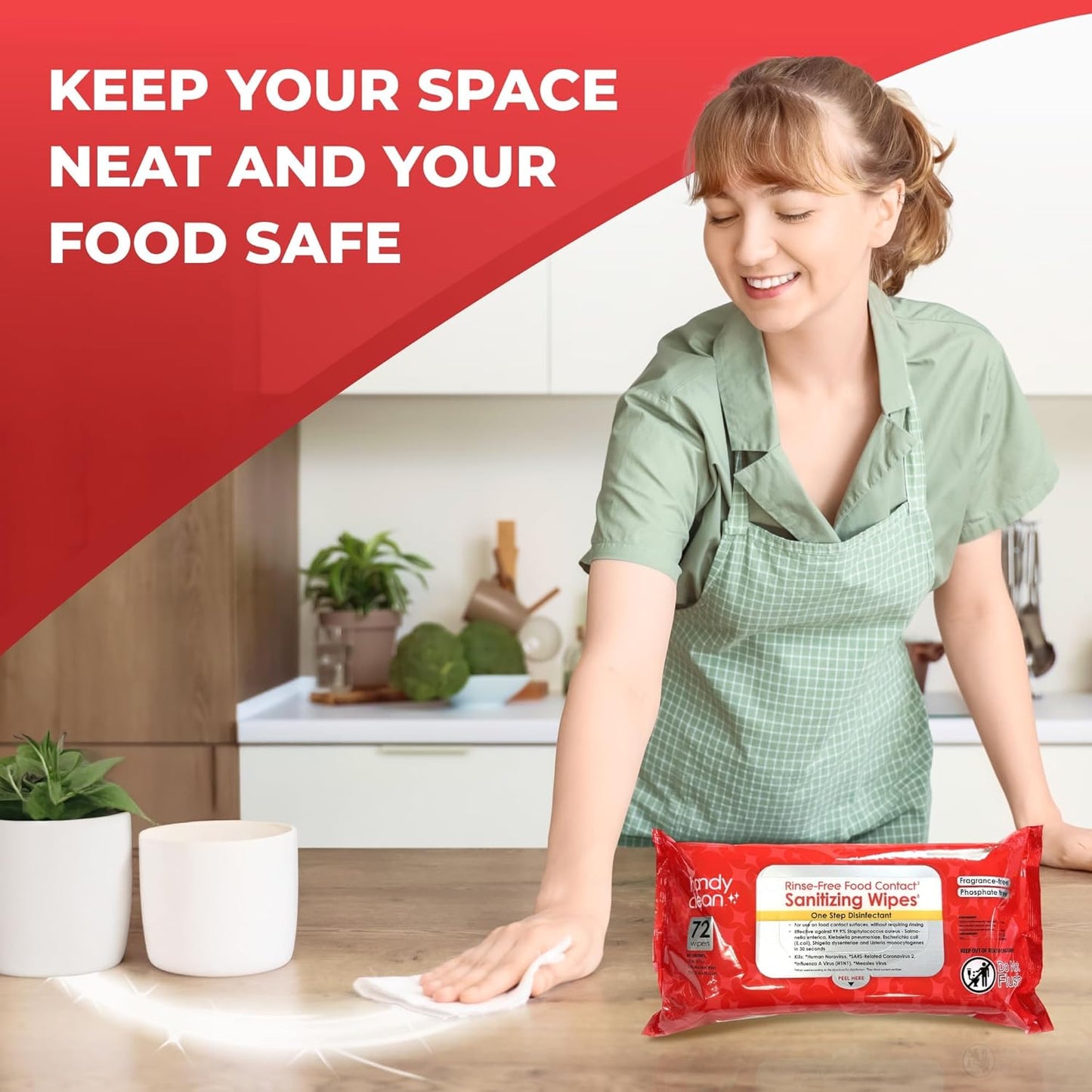 HandyClean Rinse-Free Food Contact Sanitizing Wipes Pouch, Multi Surface Cleaning Supplies for Kitchen and Professional Setting - 1 pack, 71 count