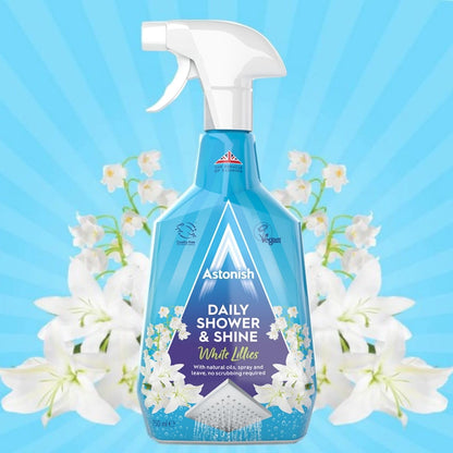 Astonish Daily Shower Shine White Lilies Cleaning Spray - No Scrub After Shower Spray Foam Prevents Watermarks & Limescale Buildup - Vegan Cruelty-Free Household Cleaning Products, 750ml Spray Bottle
