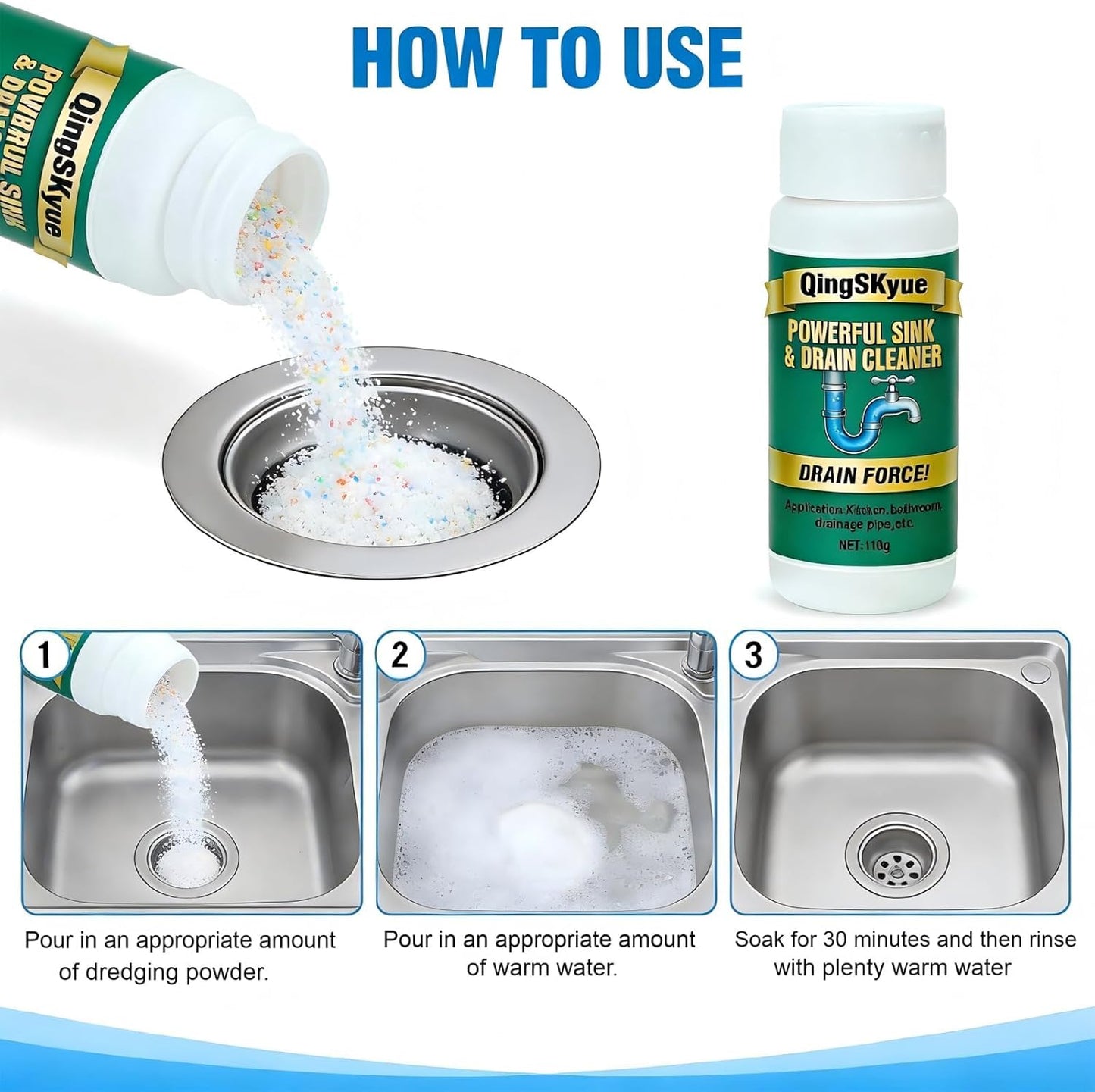 Sink and Drain Cleaner Powder : for Kitchen Bathroom Pipes and Floor sink Drains (2pack)